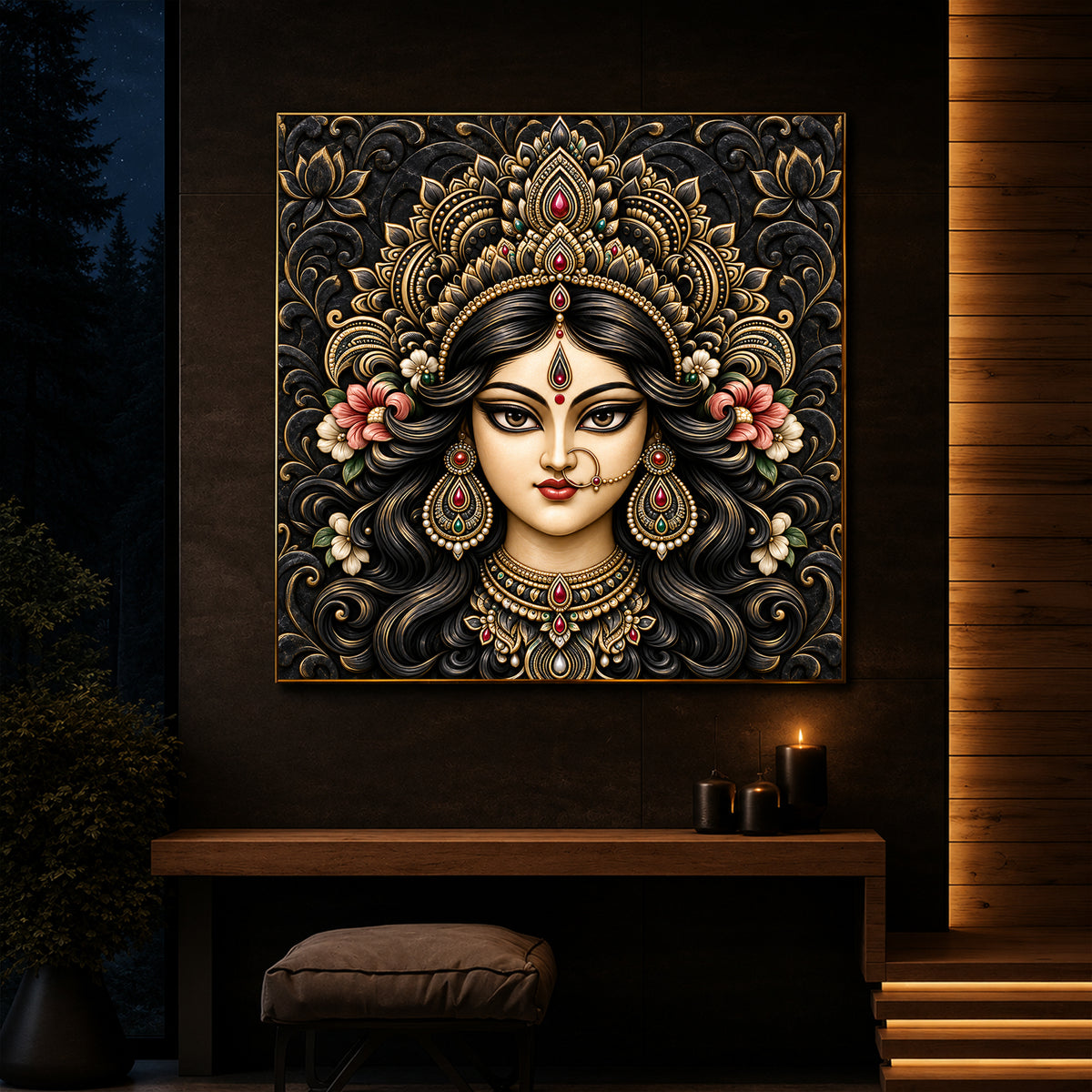 Divine Face of Durga Modern Luxury Backlight Square Wall Art
