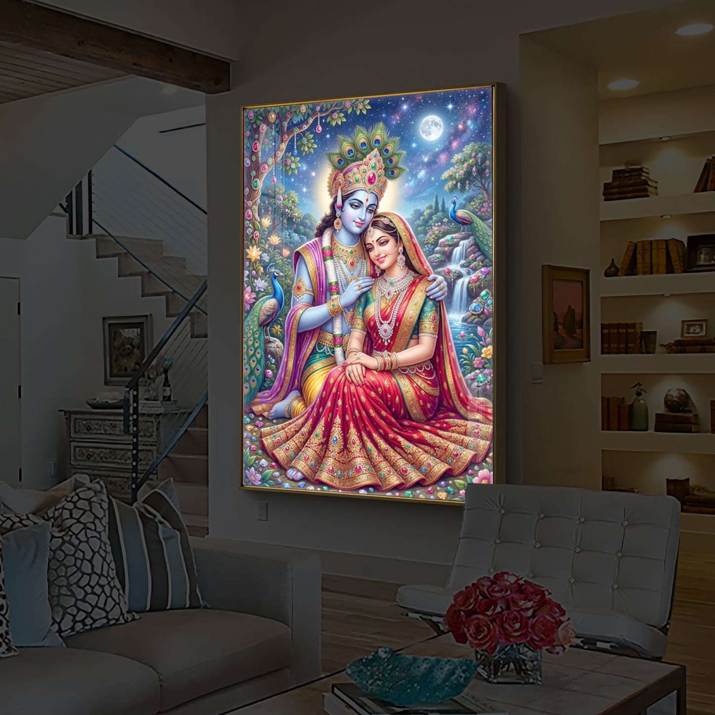 Divine Radha Krishna Serenity Modern Luxury Backlight Vertical Wall Art