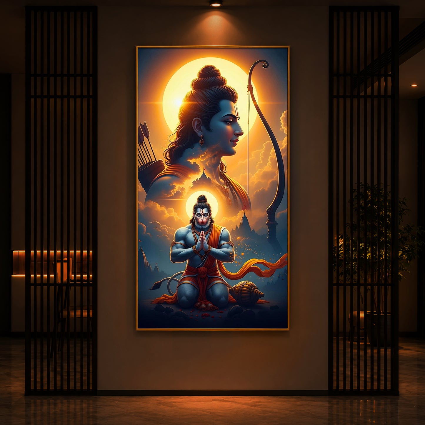 Ram and Hanuman Ji Modern Luxury Backlight Vertical Wall Art