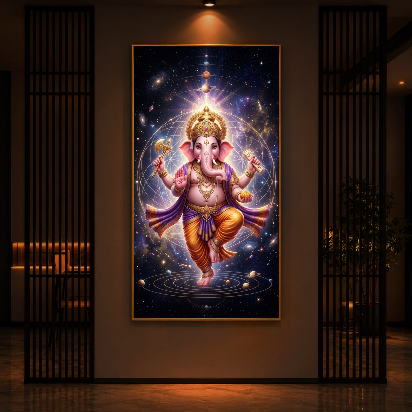 Shree Ganesha's Celestial Embrace Modern Luxury Backlight Vertical Wall Art