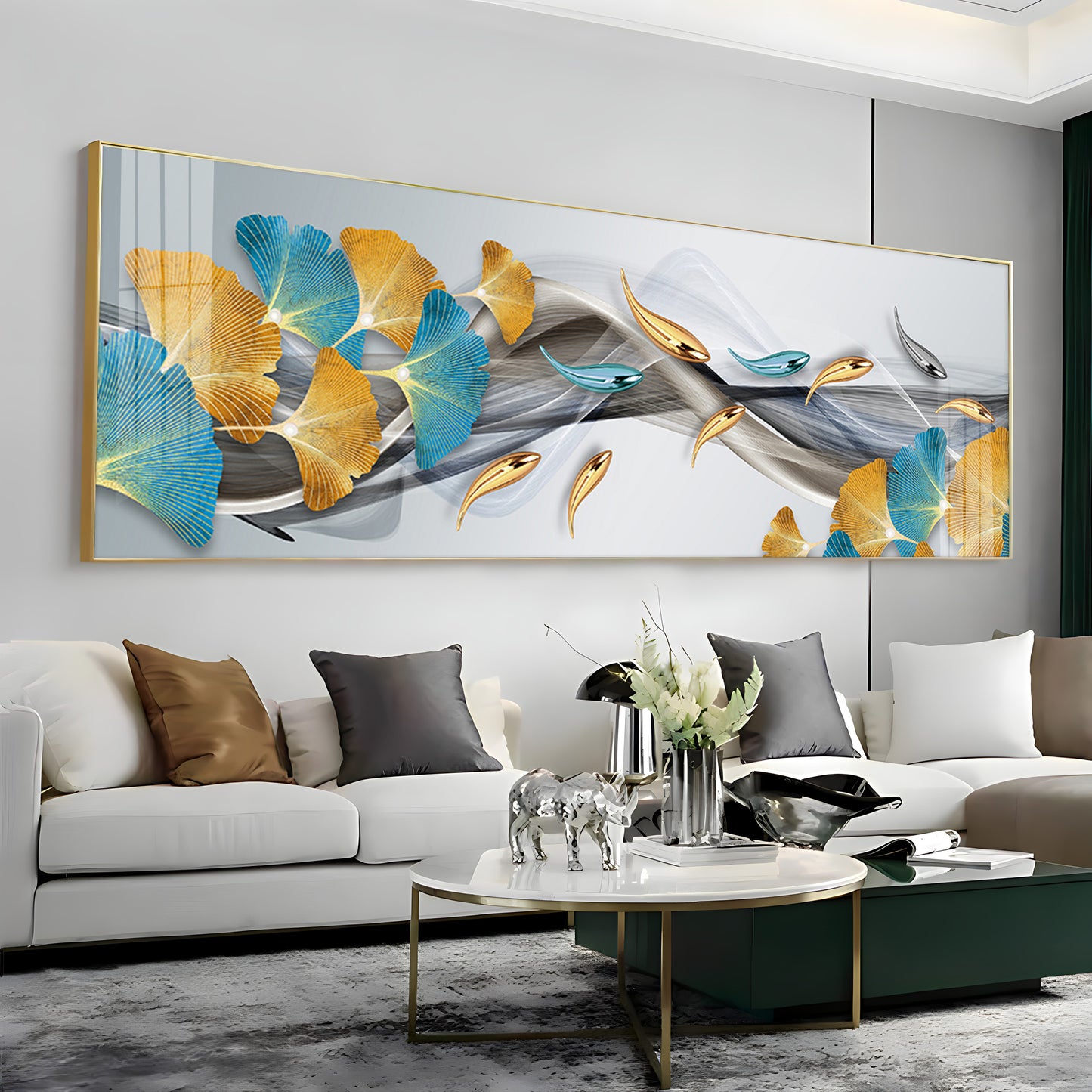 Blue & Golden Leaf Premium Acrylic Horizontal Wall Art