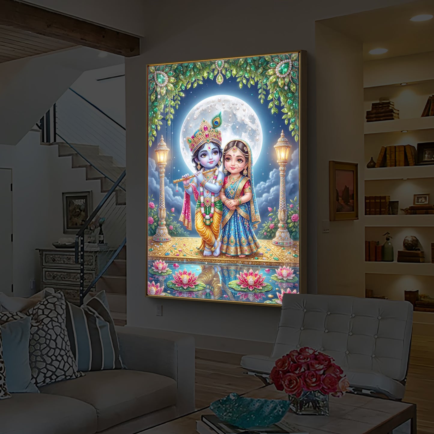 Little Radha Krishna Modern Luxury Backlight Vertical Wall Art