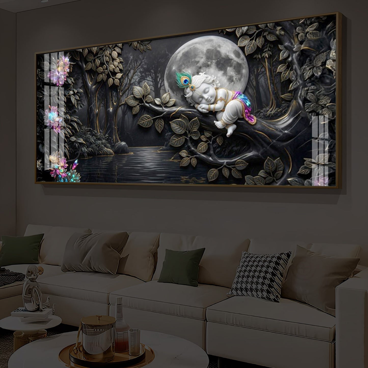 Divine Lord Little Krishna Modern Luxury Backlight Horizontal Wall Art