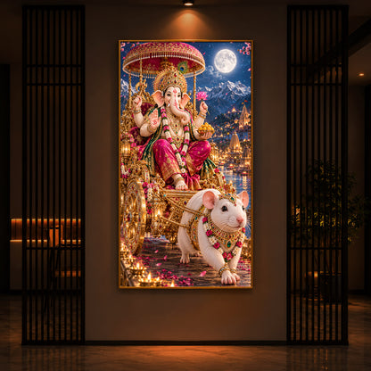 Ganapati Bappa Divine Rath Modern Luxury Backlight Vertical Wall Art