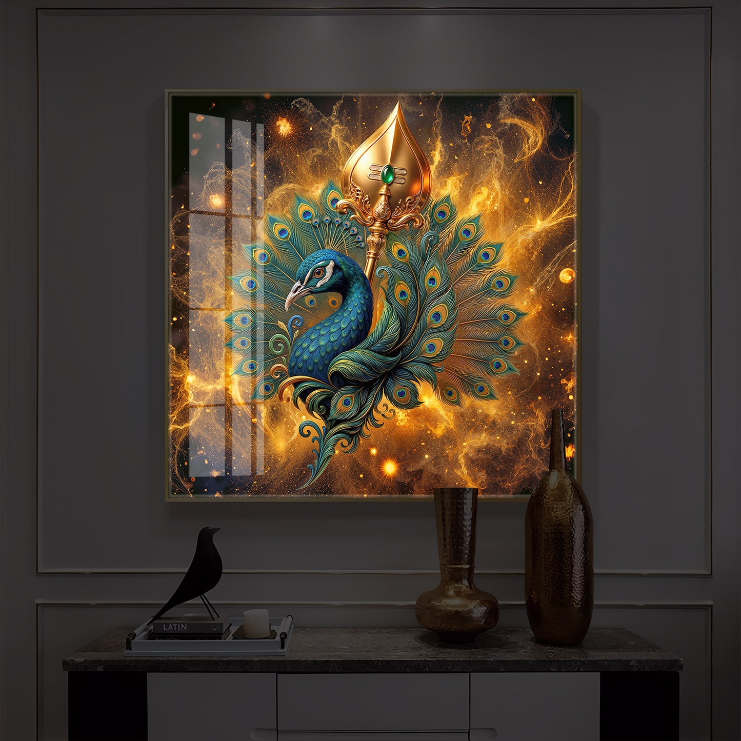 Lord Murugan’s Majestic Peacock Modern Luxury Backlight Square Wall Art