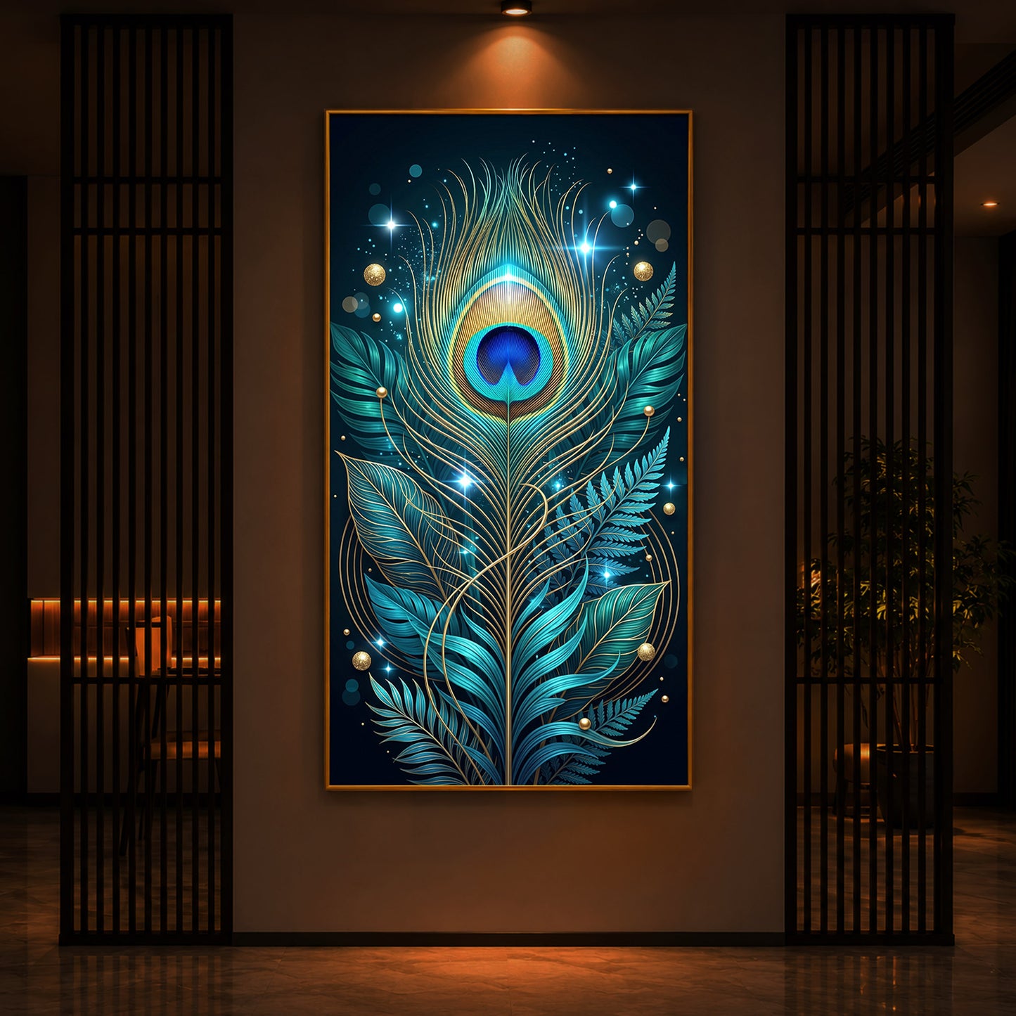 Radiant Peacock Feather Modern Luxury Backlight Vertical Wall Art