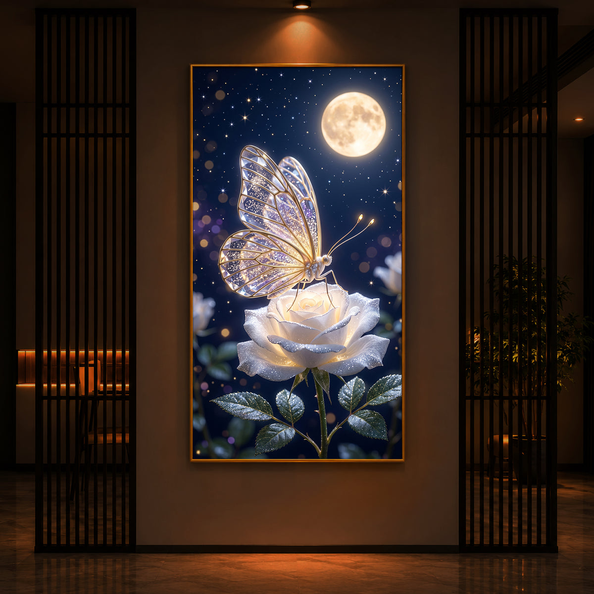 Butterfly On White Rose Modern Luxury Backlight Vertical Wall Art