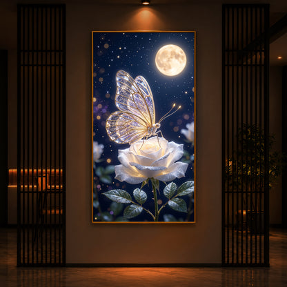 Butterfly On White Rose Modern Luxury Backlight Vertical Wall Art