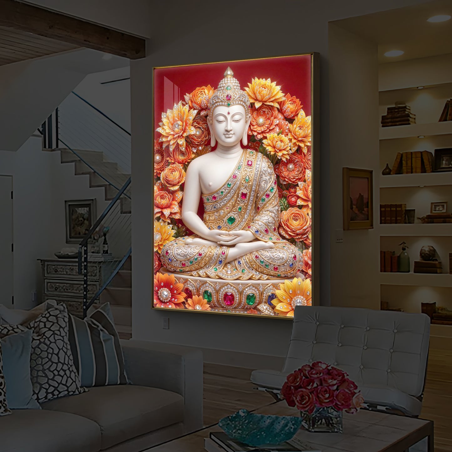 Buddha Bless Modern Luxury Backlight Vertical Wall Art