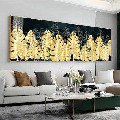 Golden Monstera Leaf Premium Acrylic Horizontal Wall Art