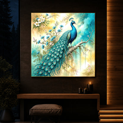 Peacock Perch Art Modern Luxury Backlight Square Wall Art
