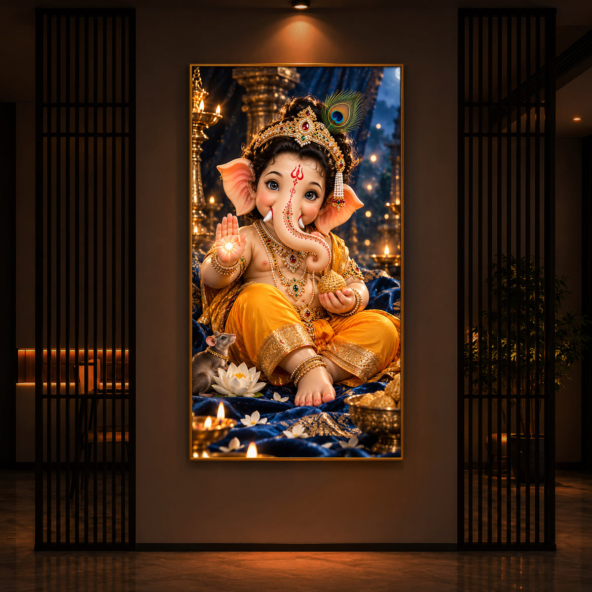 Bal Ganesha Blessings Modern Luxury Backlight Vertical Wall Art