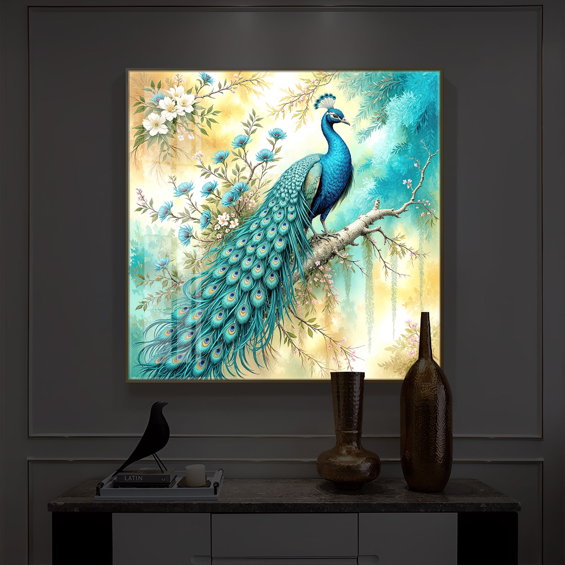 Peacock Perch Art Modern Luxury Backlight Square Wall Art