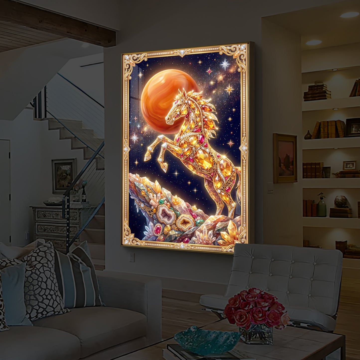 Horse In Dancing Posture Modern Luxury Backlight Vertical Wall Art