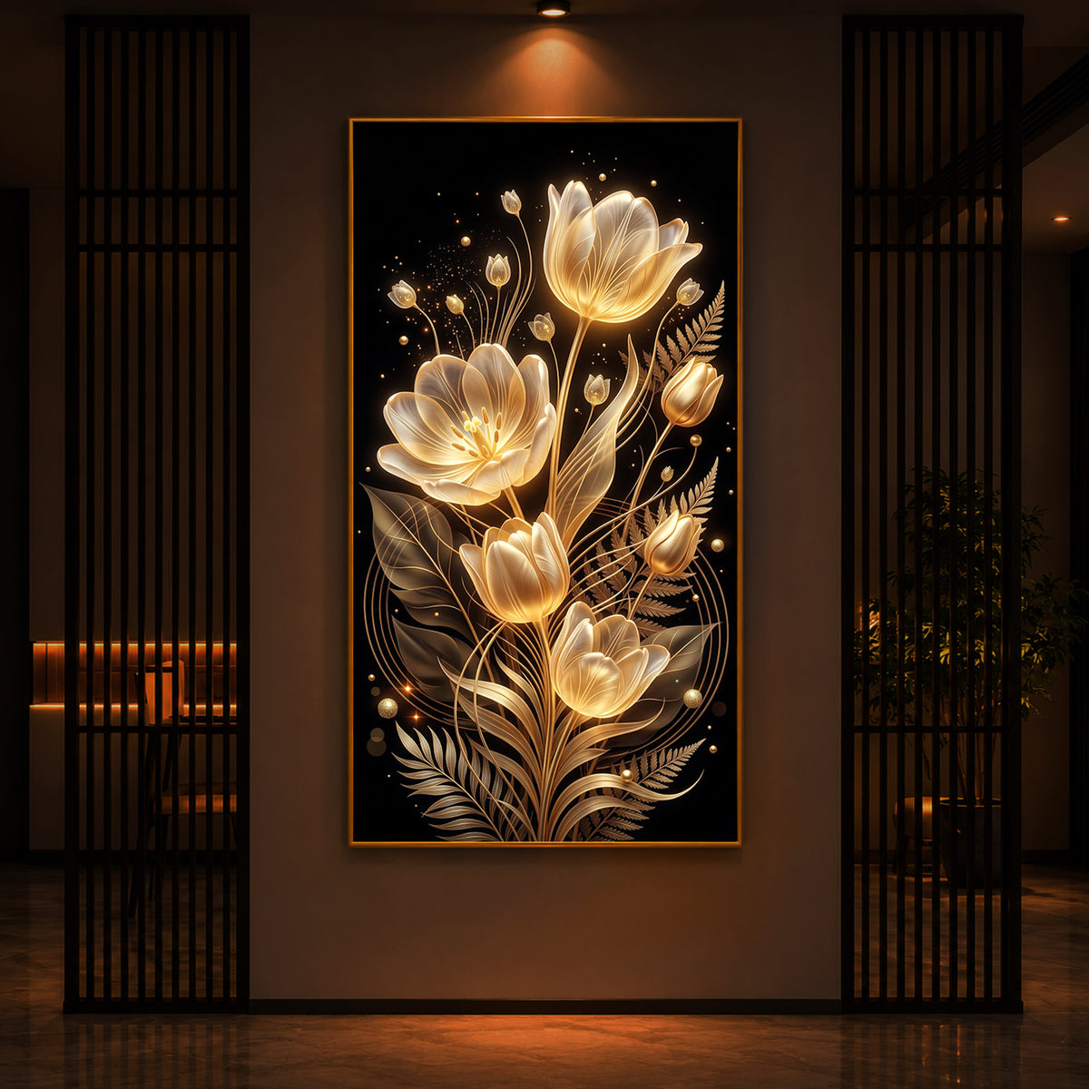 Golden Luminous Tulip Modern Luxury Backlight Vertical Wall Art