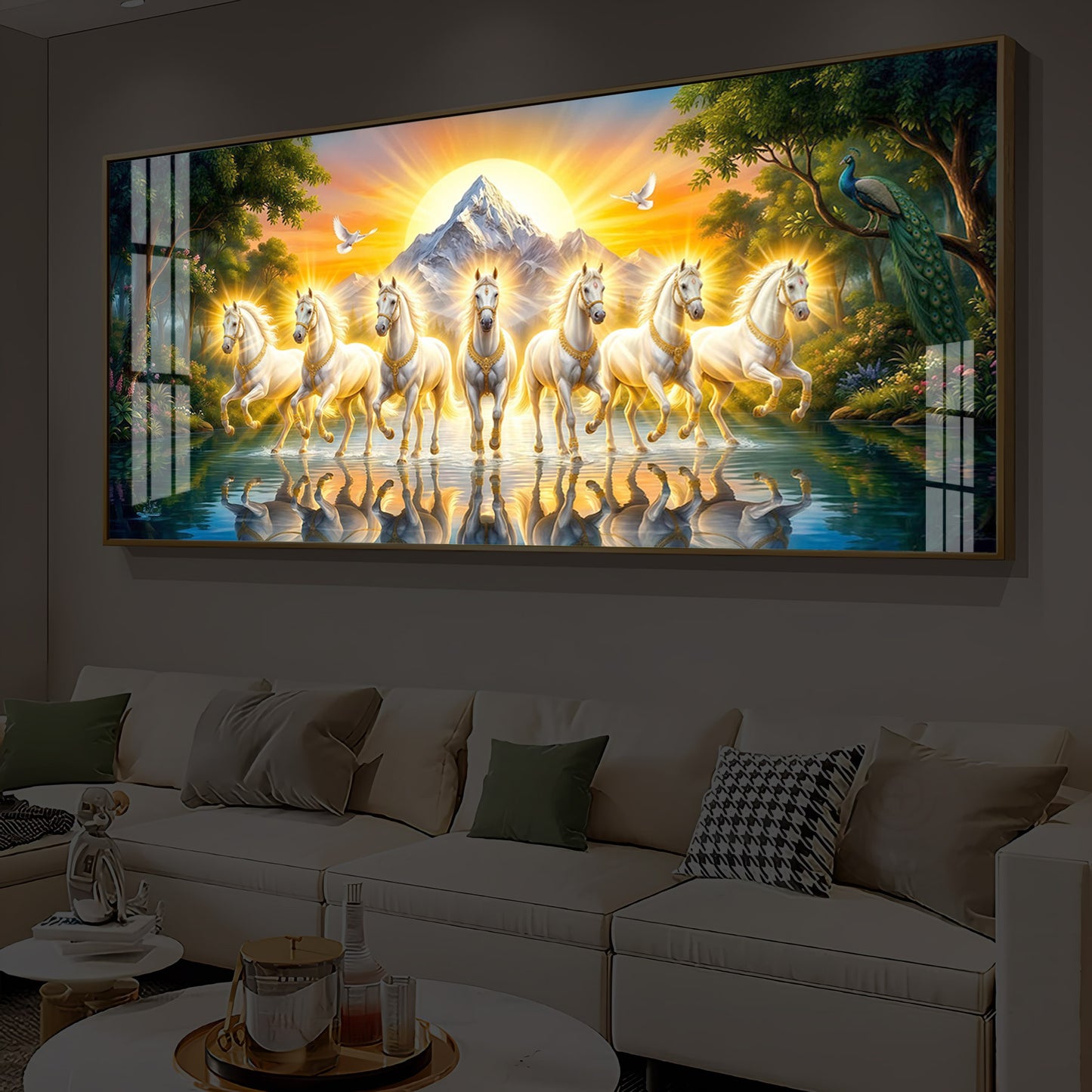7 White Horses River Glloping Modern Luxury Backlight Horizontal Wall Art