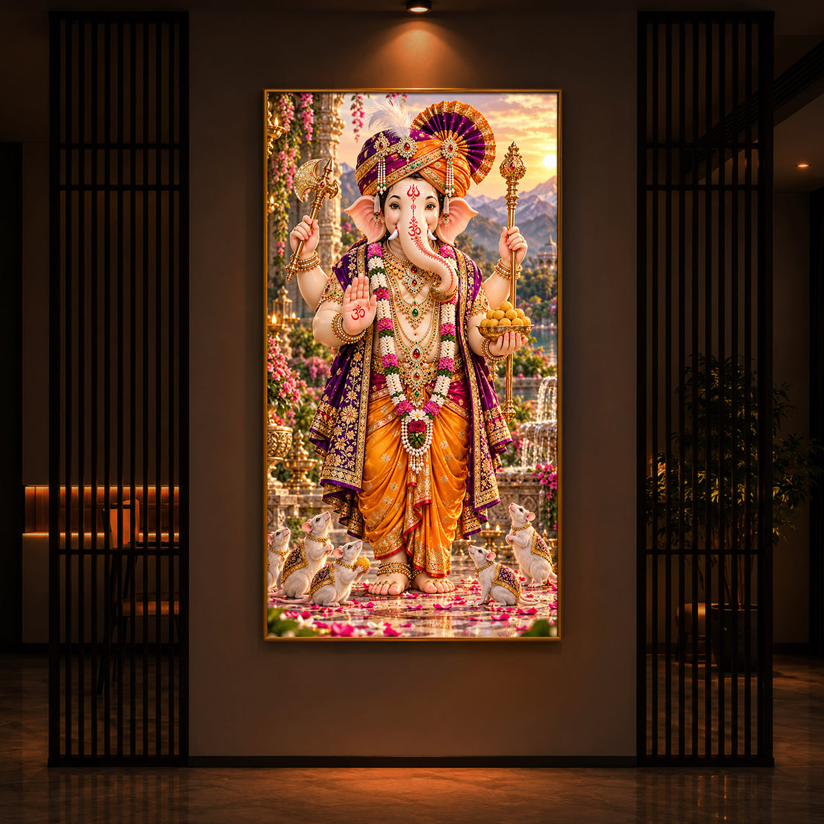 Lord Ganesha with Mushak Modern Luxury Backlight Vertical Wall Art