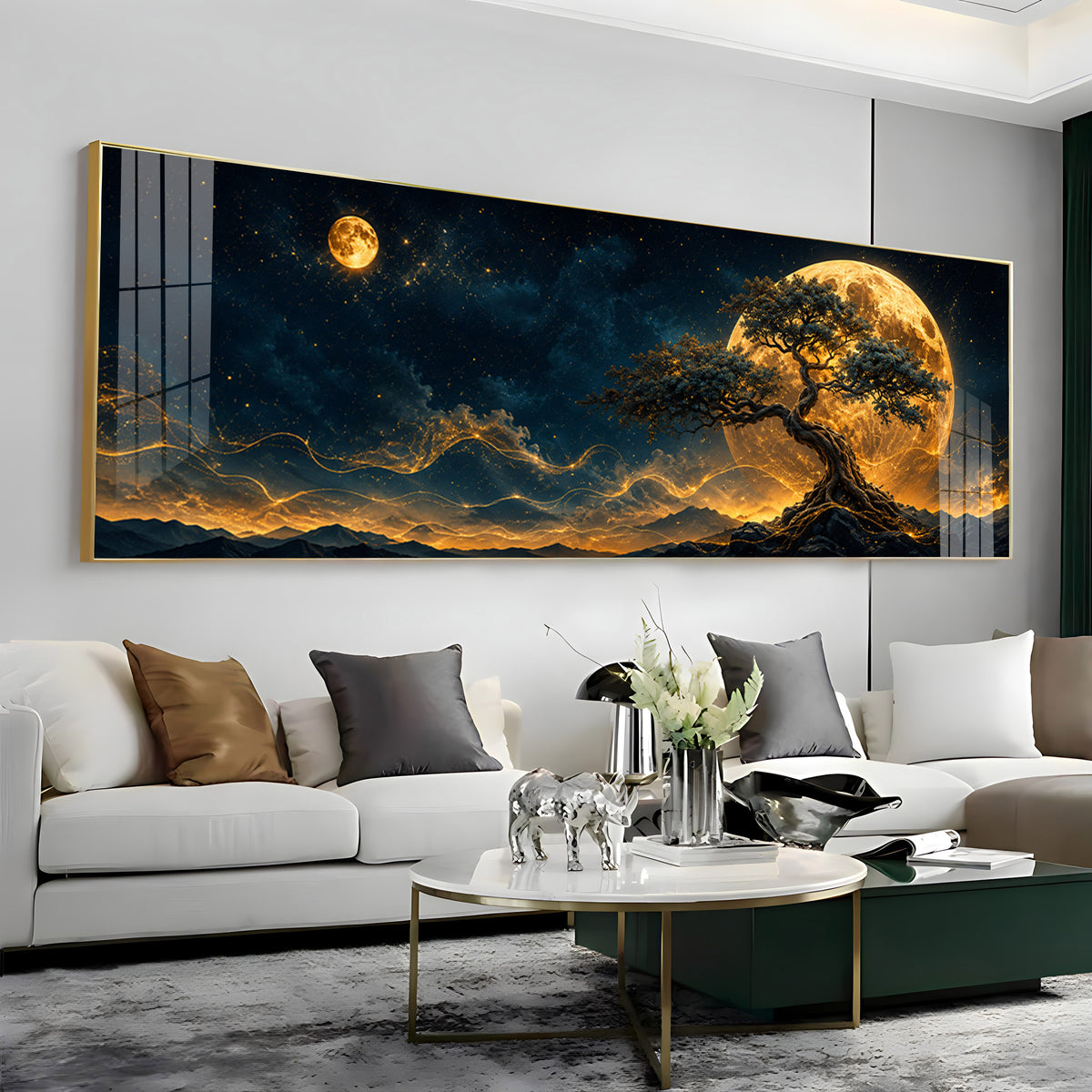 Golden Full Moon Bonsai Tree Premium Acrylic Horizontal Wall Art
