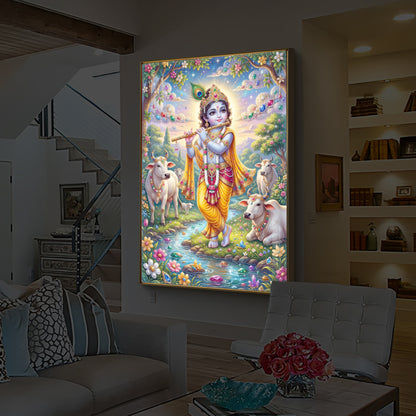 Little Kanha With Cow Modern Luxury Backlight Vertical Wall Art