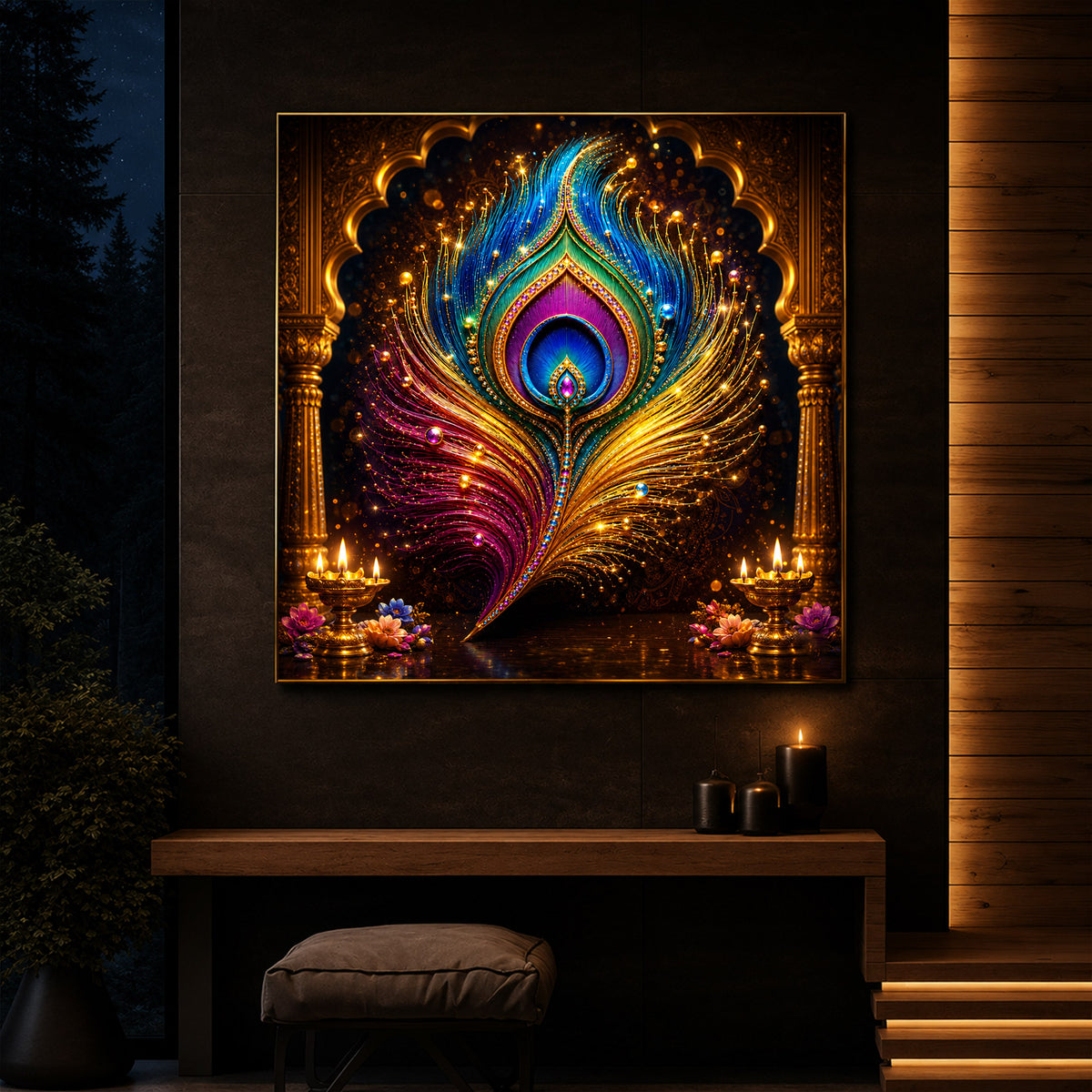 Glowing Peacock Feather Modern Luxury Backlight Square Wall Art