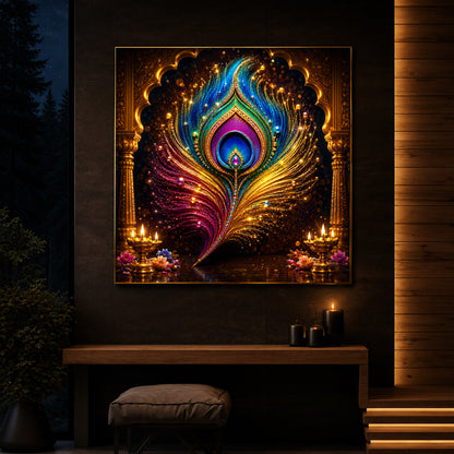 Glowing Peacock Feather Modern Luxury Backlight Square Wall Art
