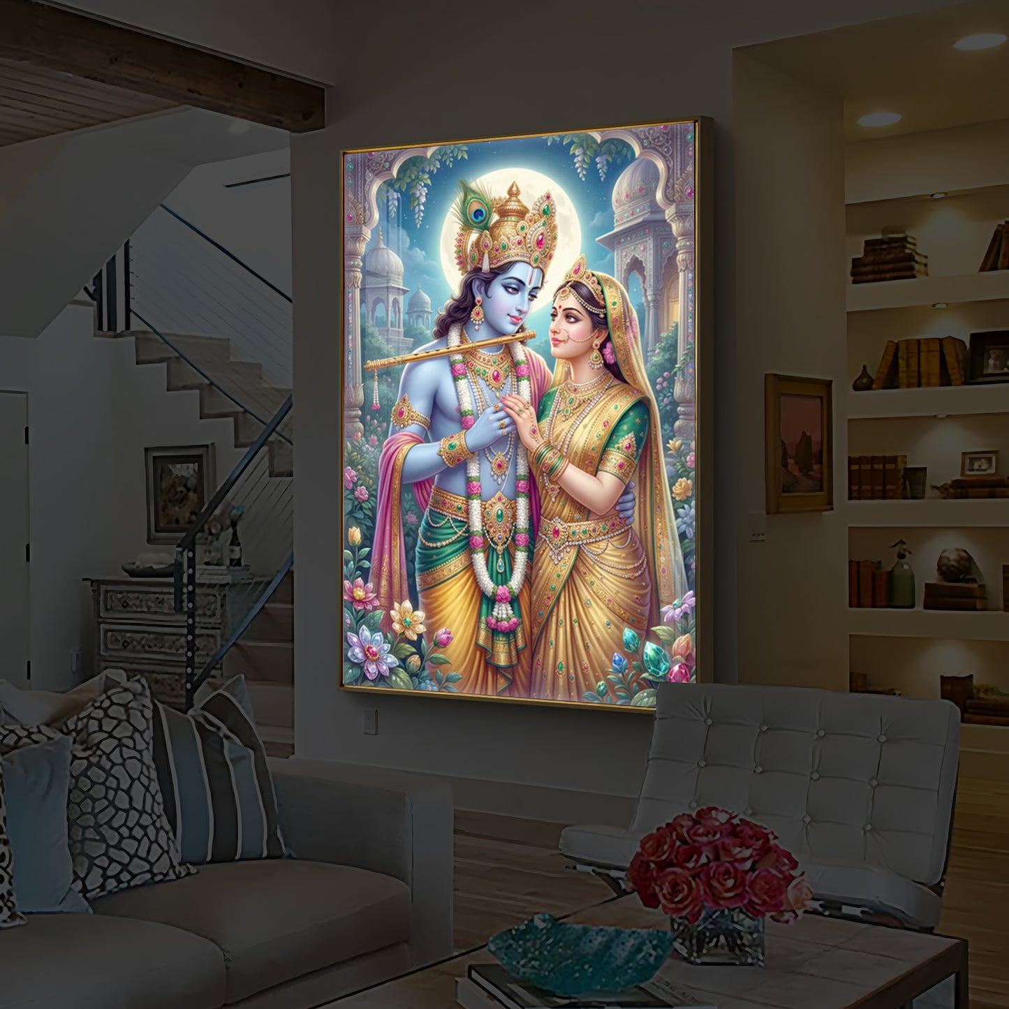 Goddess Shri Radha and God Krishna Modern Luxury Backlight Vertical Wall Art