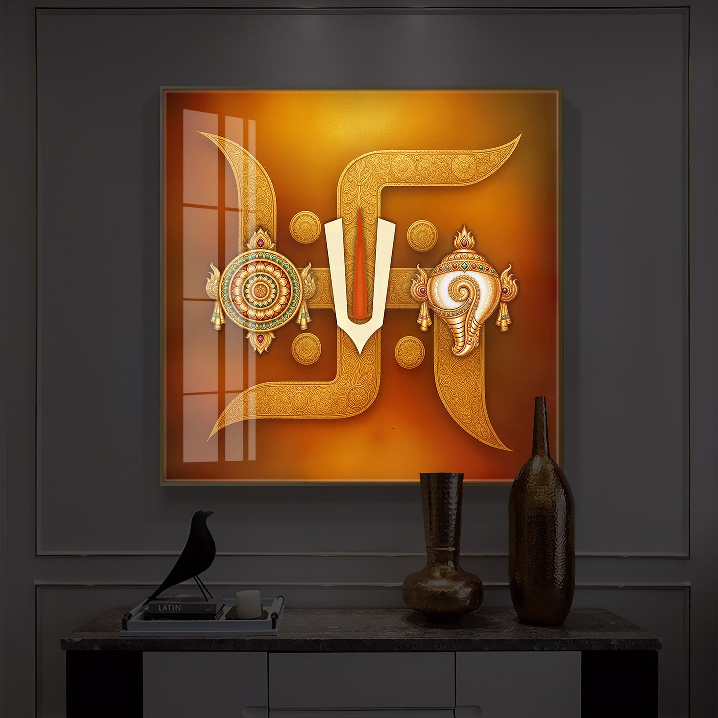 Hindu Symbols of Swastik Modern Luxury Backlight Square Wall Art