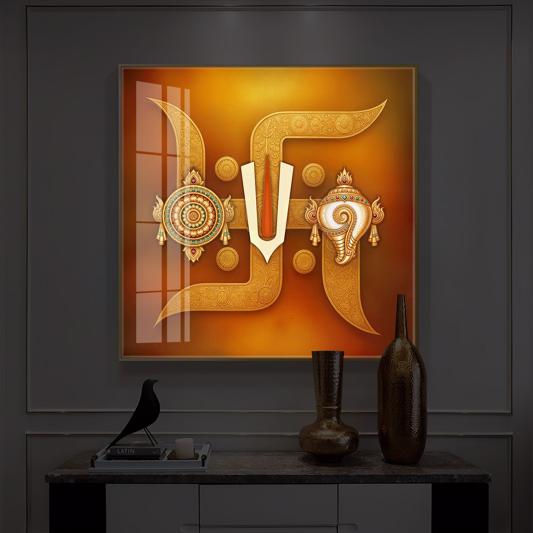 Hindu Symbols of Swastik Modern Luxury Backlight Square Wall Art