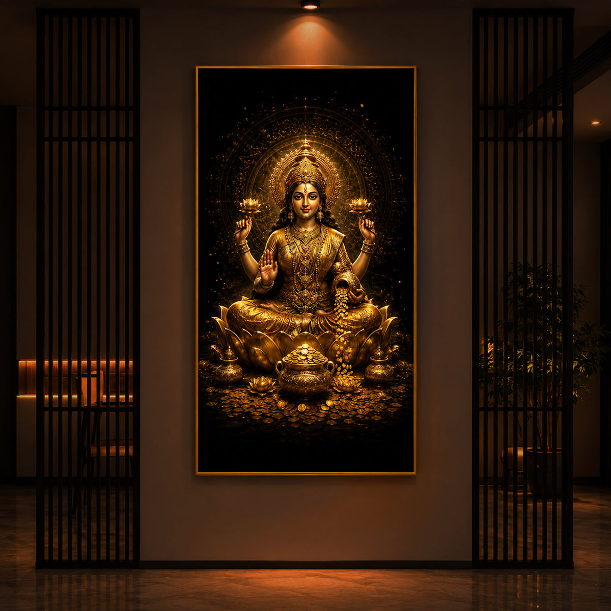 Divine Goddess Laxmi Golden Lotus Modern Luxury Backlight Vertical Wall Art