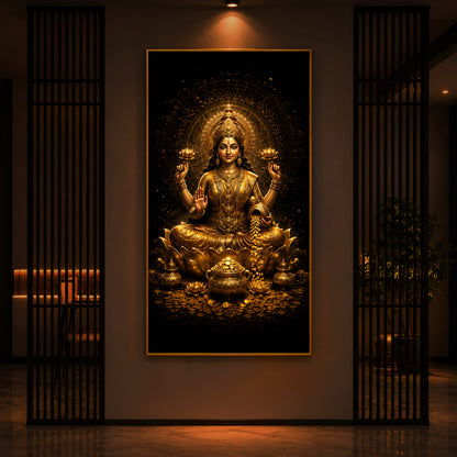 Divine Goddess Laxmi Golden Lotus Modern Luxury Backlight Vertical Wall Art