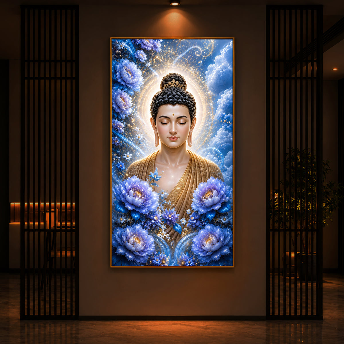 Divine Buddha Glowing Aura Modern Luxury Backlight Vertical Wall Art