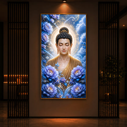 Divine Buddha Glowing Aura Modern Luxury Backlight Vertical Wall Art