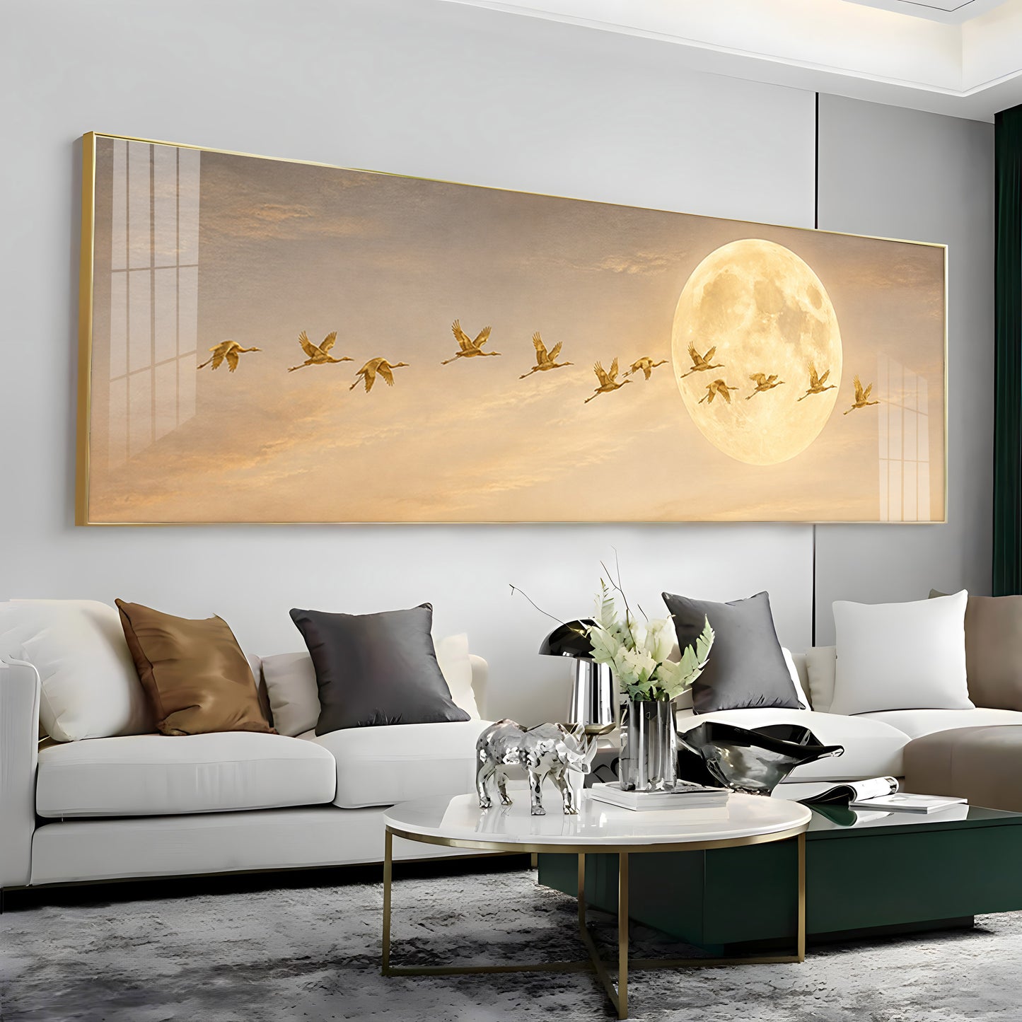 Golden Flying Cranes Full Moon Premium Acrylic Horizontal Wall Art
