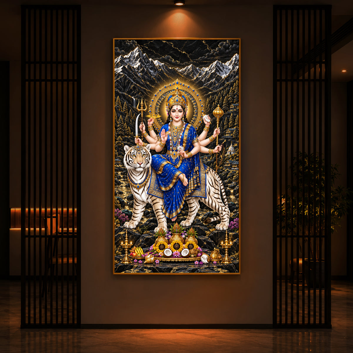 Maa Durga In Blue Saree Modern Luxury Backlight Vertical Wall Art
