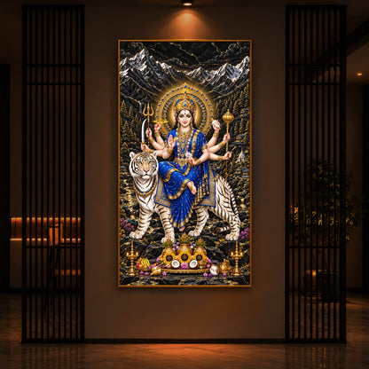 Maa Durga In Blue Saree Modern Luxury Backlight Vertical Wall Art