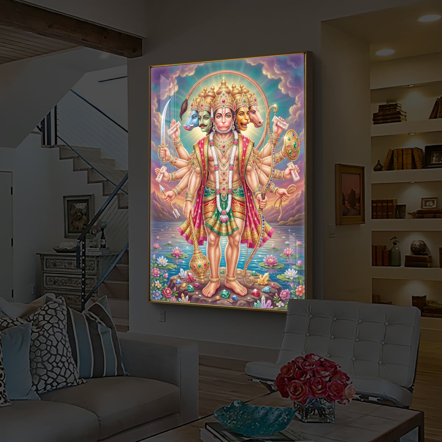 Spiritual Panchamukhi Hanuman Modern Luxury Backlight Vertical Wall Art