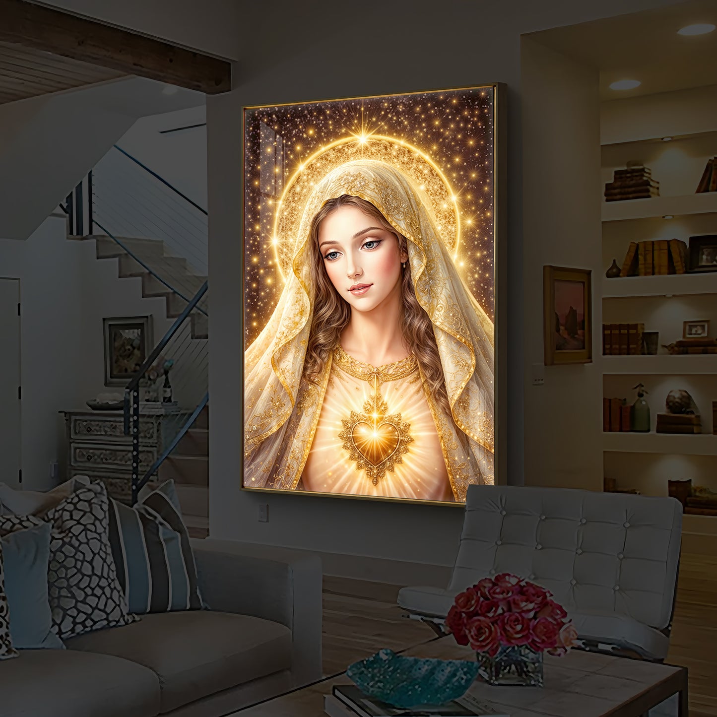 Virgin Mary Modern Luxury Backlight Vertical Wall Art