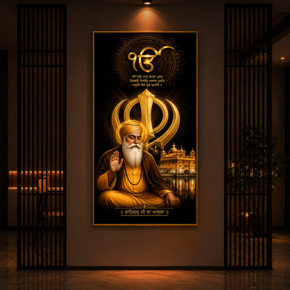 Guru Nanak Dev With Ik Onkar Modern Luxury Backlight Vertical Wall Art