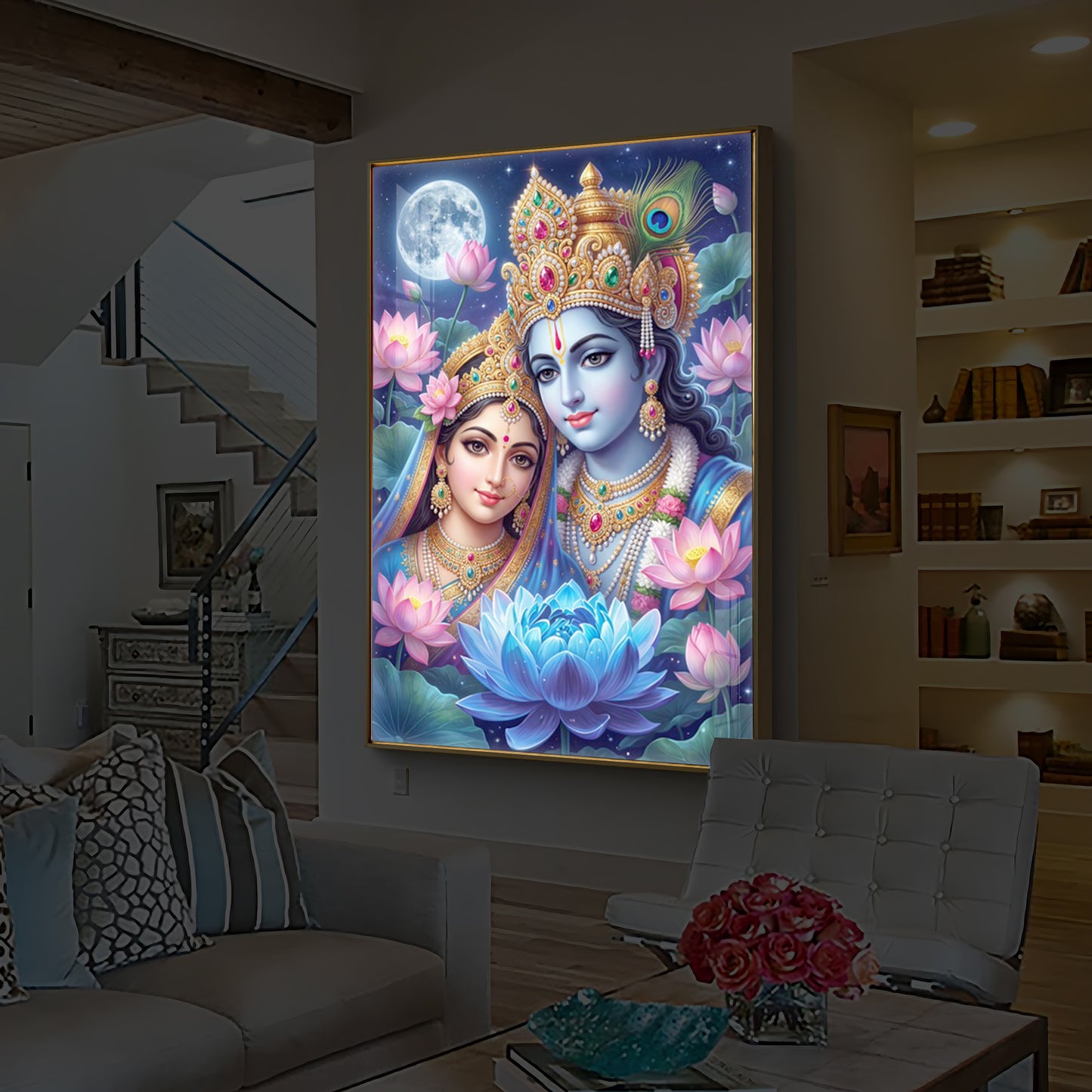 Radha Krishna Divine Togetherness Modern Luxury Backlight Vertical Wall Art