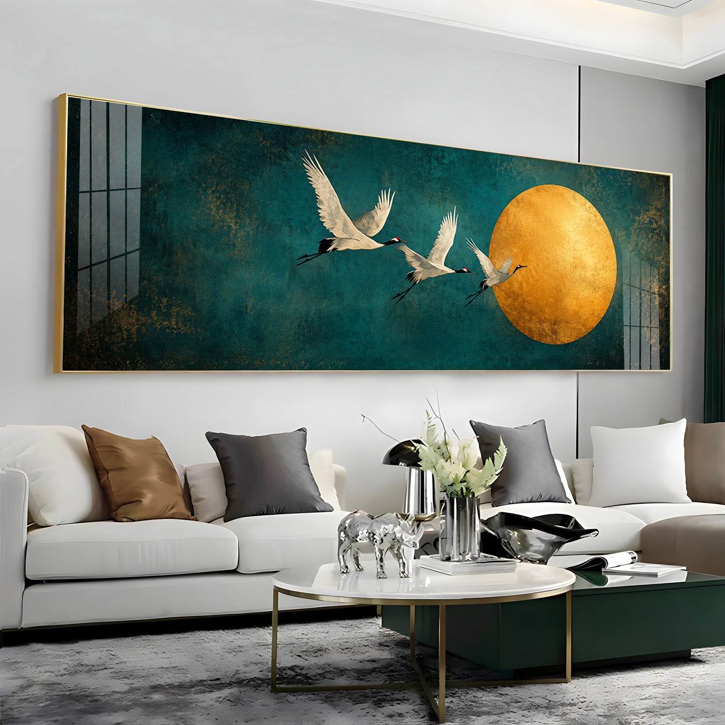 Three Cranes Golden Sun Teal Premium Acrylic Horizontal Wall Art
