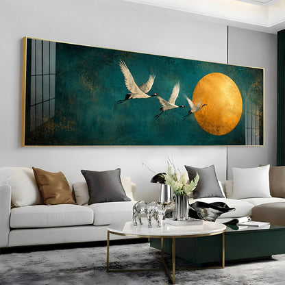 Three Cranes Golden Sun Teal Premium Acrylic Horizontal Wall Art