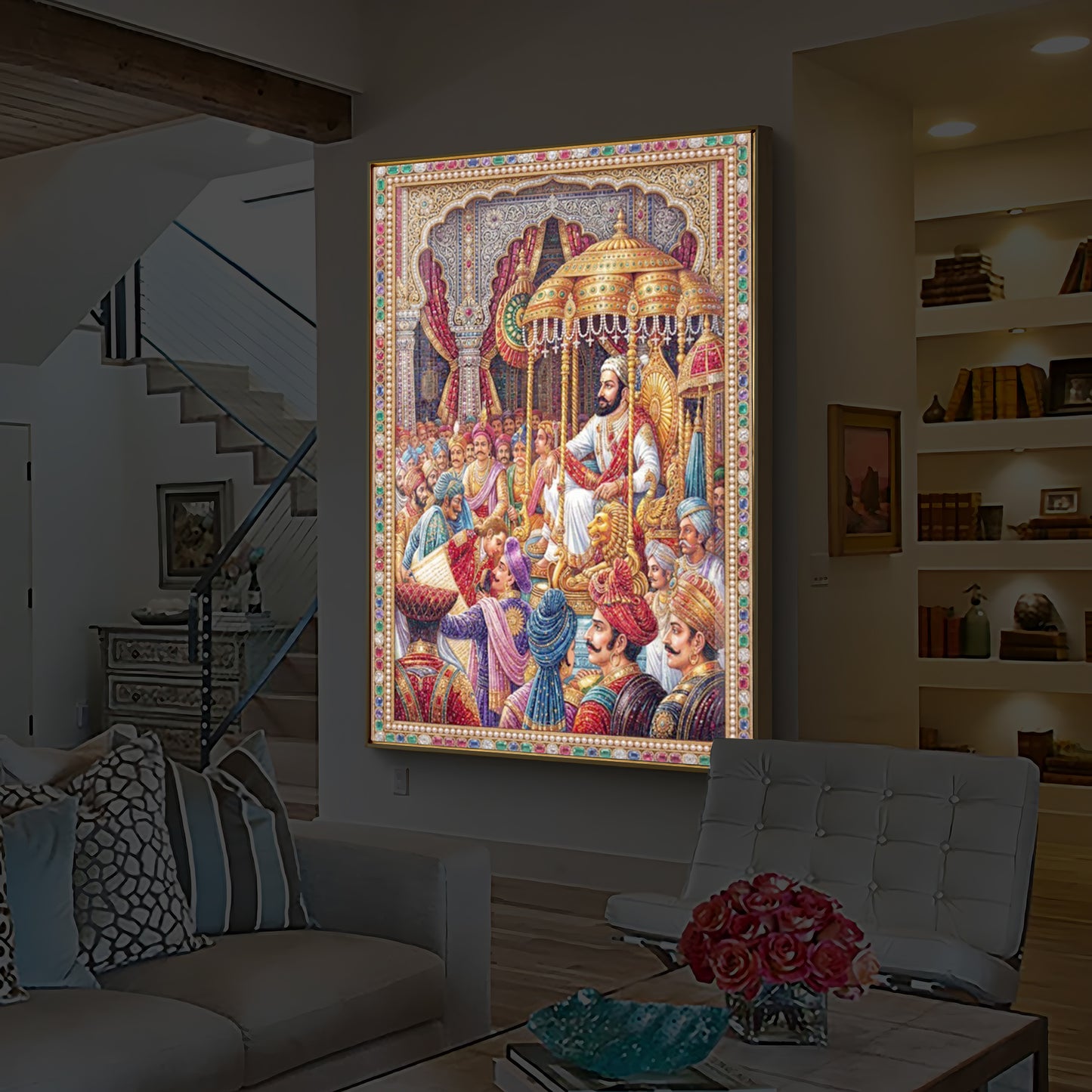 Darbar of Chhatrapati Shivaji Maharaj Modern Luxury Backlight Vertical Wall Art