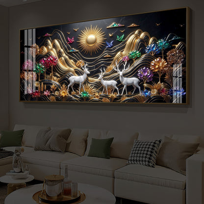 White Deer With Sun Modern Luxury Backlight Horizontal Wall Art