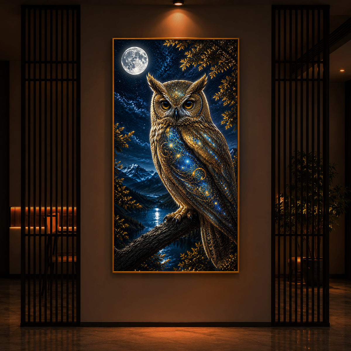 Majestic Golden Owl Modern Luxury Backlight Vertical Wall Art