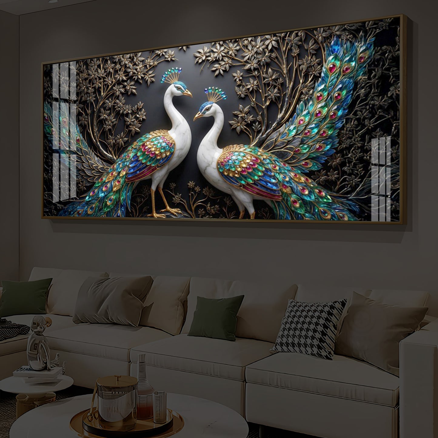 Serene Peacock Modern Luxury Backlight Horizontal Wall Art