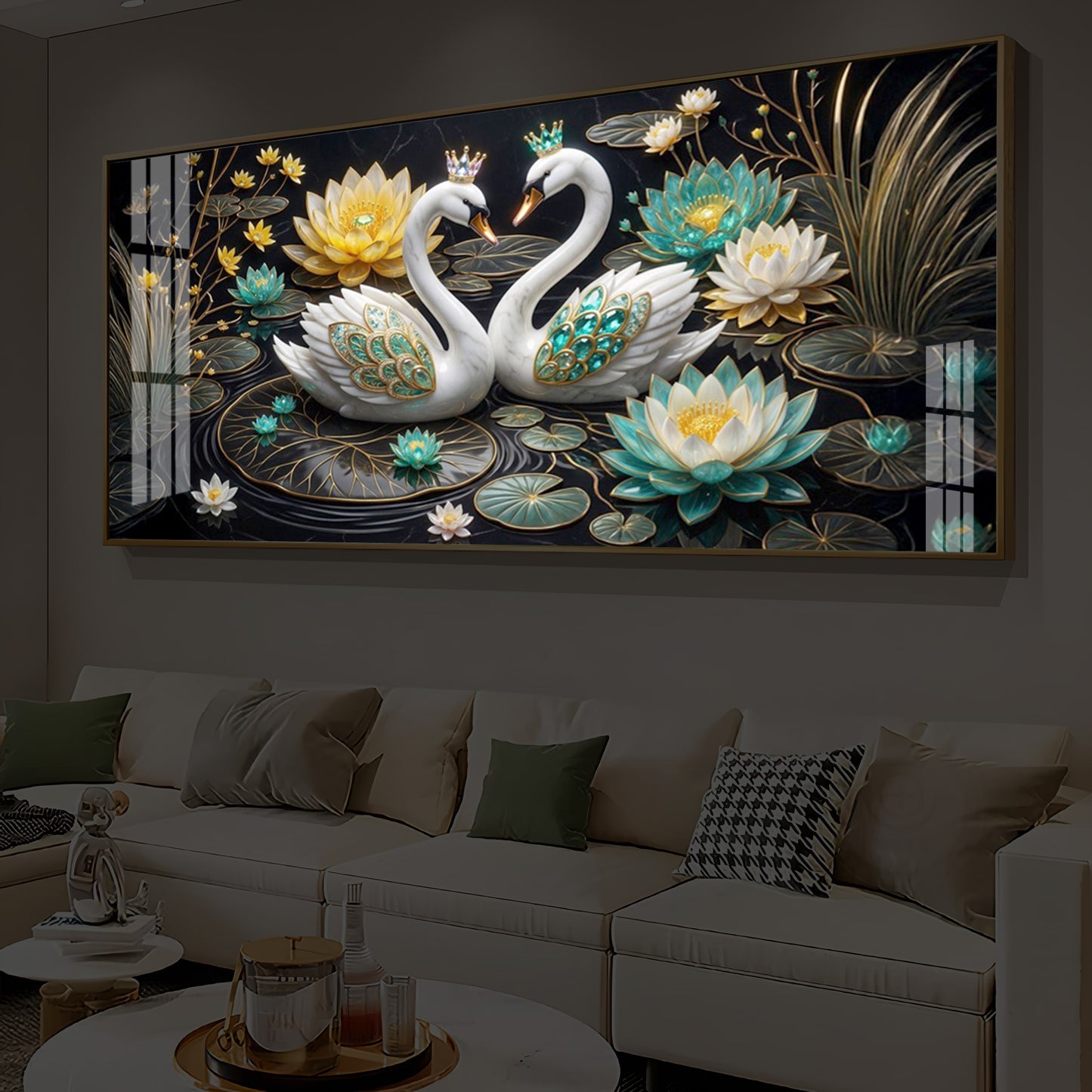 Pair Of White Swans Modern Luxury Backlight Horizontal Wall Art