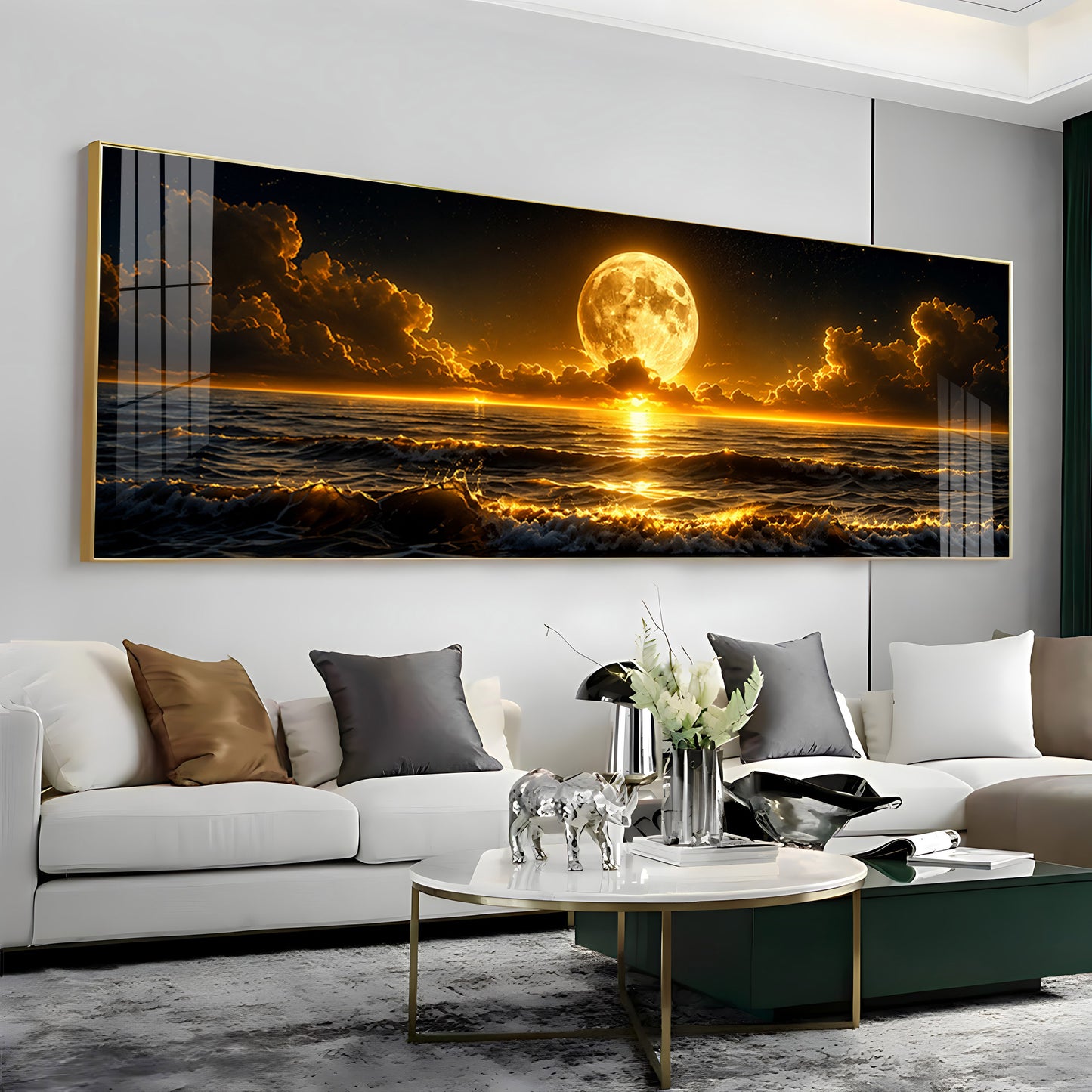 Golden Full Moon Ocean Clouds Premium Acrylic Horizontal Wall Art