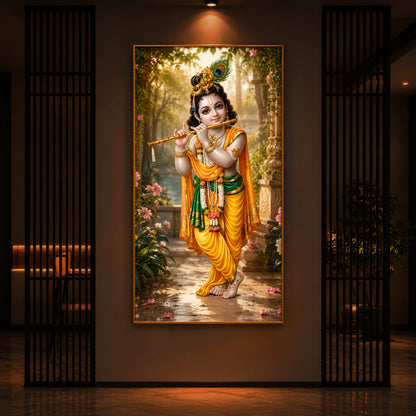 Bal Krishna Playing The Flute Modern Luxury Backlight Vertical Wall Art