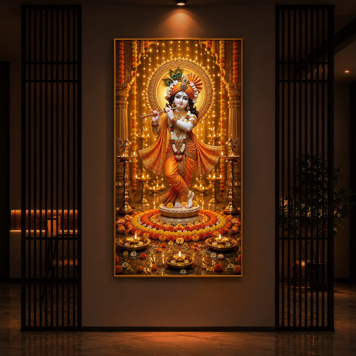 Beautiful Divine Krishna With Flute Modern Luxury Backlight Vertical Wall Art