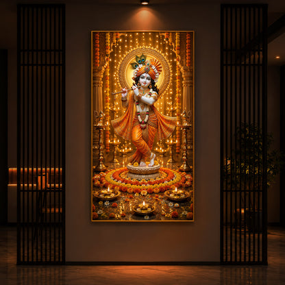 Beautiful Divine Krishna With Flute Modern Luxury Backlight Vertical Wall Art